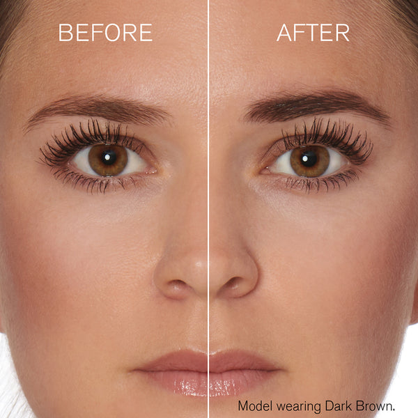 Before and after comparison of a woman's eyes wearing dark brown eyeliner.