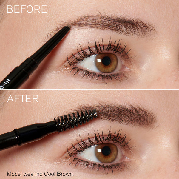 Before and after comparison of eye makeup application with a brow pencil and mascara.