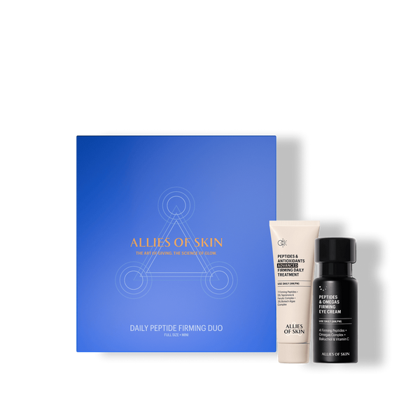 Skincare product set with a blue box labeled 'Alleges of Skin' on a green background