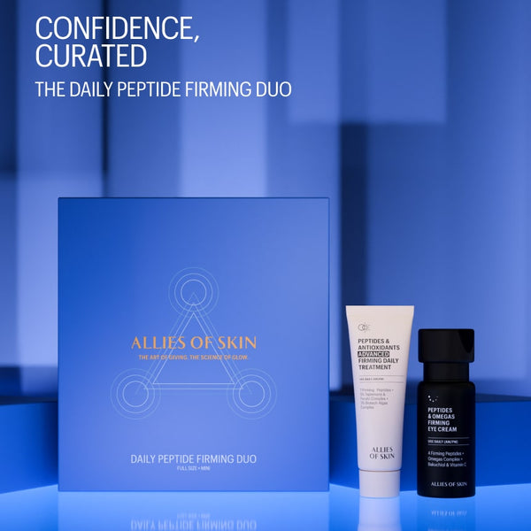 Allies of Skin daily peptide firming duo on a blue reflective surface with branding visible.