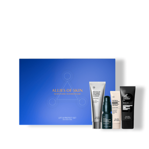 Skincare product set with a blue box labeled 'Allies of Skin' on a white background