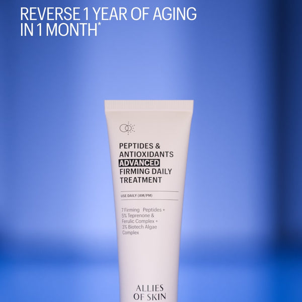 Tube of Allies of Skin Peptides & Antioxidants Advanced Firming Daily Treatment on a blue background with text claiming to reverse one year of aging in one month.