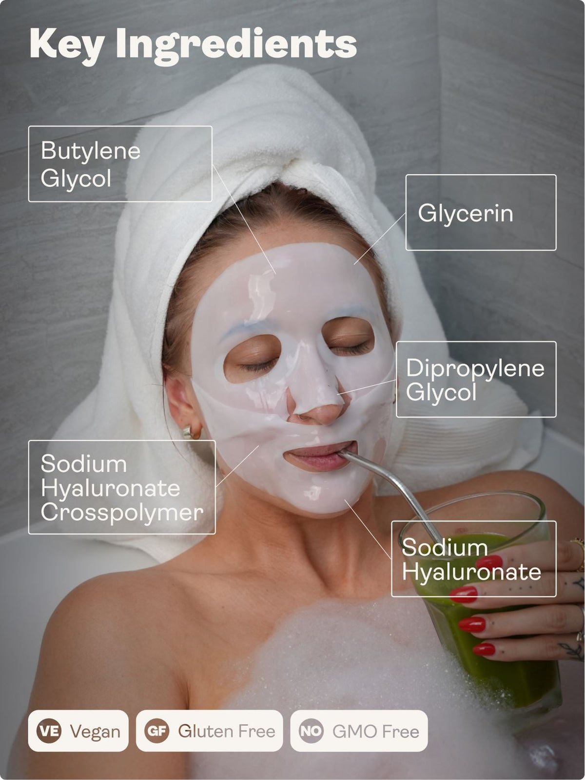 Woman applying a facial mask with labeled key ingredients and product details.