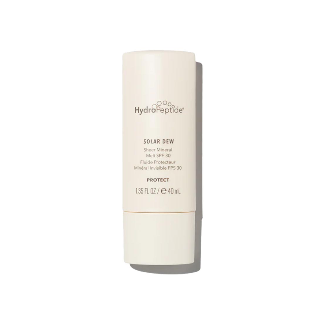 A pump bottle of HydroPeptide Solar Dew SPF30 Sunscreen, indicating broad-spectrum sun protection with a tinted, mineral formula.