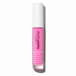 HydroReptide Perfecting Gloss lip enhancing treatment in a clear tube showing bright pink liquid, with a white cap, on a white background with a soft shadow.