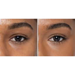 Side-by-side comparison of a person's eye with and without makeup on a white background