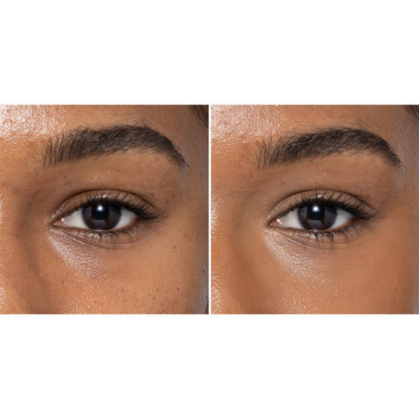 Side-by-side comparison of a person's eye with and without makeup on a white background