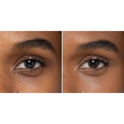 Close-up of a person's eye with and without makeup on a white background