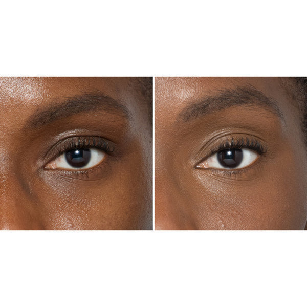 A side-by-side close-up comparison of a person's eye area, showing a before-and-after view of eyelash enhancement or beauty treatment on warm brown skin.