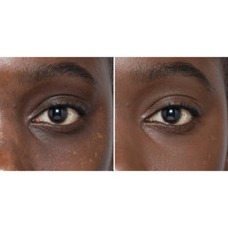 Close-up of a person's eye with and without makeup on a white background
