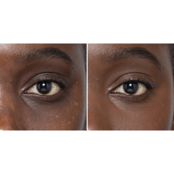 Close-up of a person's eye with and without makeup on a white background