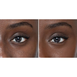 Side-by-side comparison of a woman's eyes with and without makeup on a white background