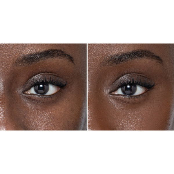 Side-by-side comparison of a woman's eyes with and without makeup on a white background