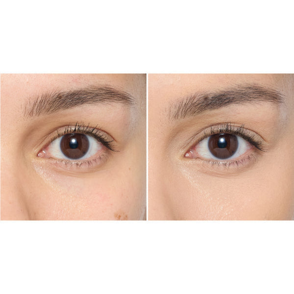 A side-by-side close-up comparison of a person's eye area, showing eyebrow and eyelash results on light skin.