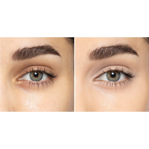 Side-by-side comparison of eyes with and without makeup on a neutral background