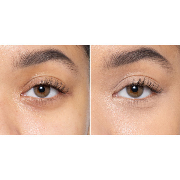 Close-up of a person's eye with and without eyelash extensions on a white background