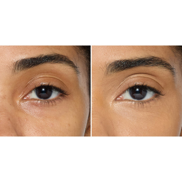Close-up of a person's eye before and after applying eyeliner.
