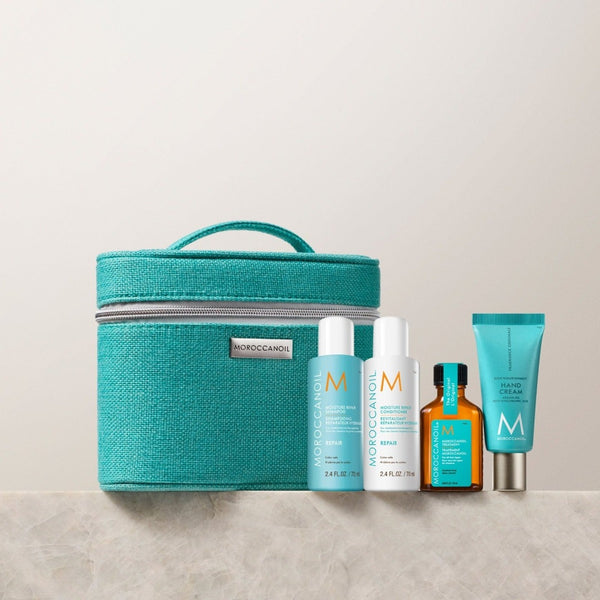 Moroccanoil Hydration Discovery Kit on a marble ledge