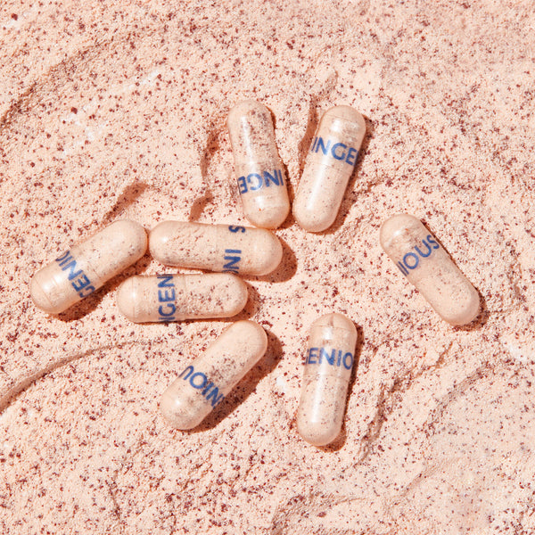 INGENIOUS Beauty Ultimate Collagen+ Second Generation 45 Capsules on a sandy surface