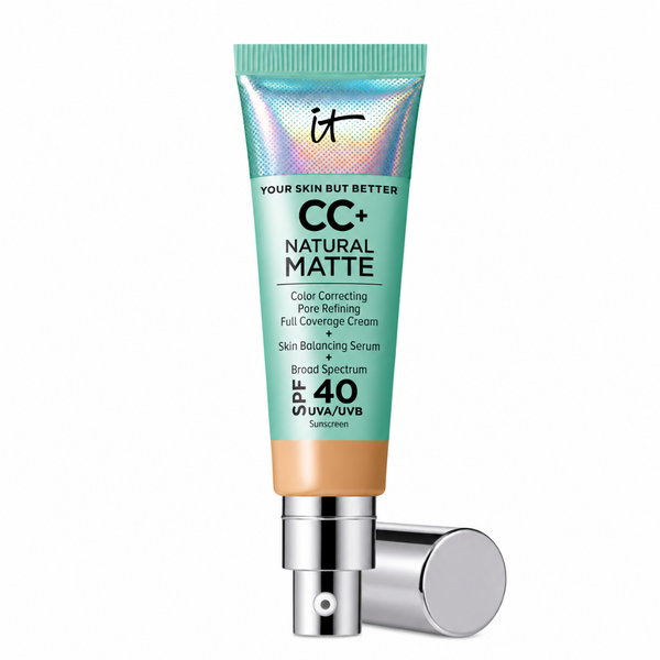It Cosmetics CC+ Natural Matte Color Correcting Full Coverage Cream SPF 40 in a teal squeeze tube with a silver pump and detached cap, shown on a white background.