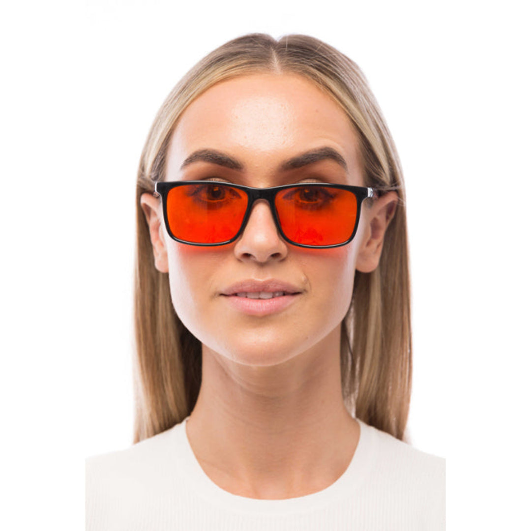 Woman Wearing Brooklyn Blue Light Blocking Glasses