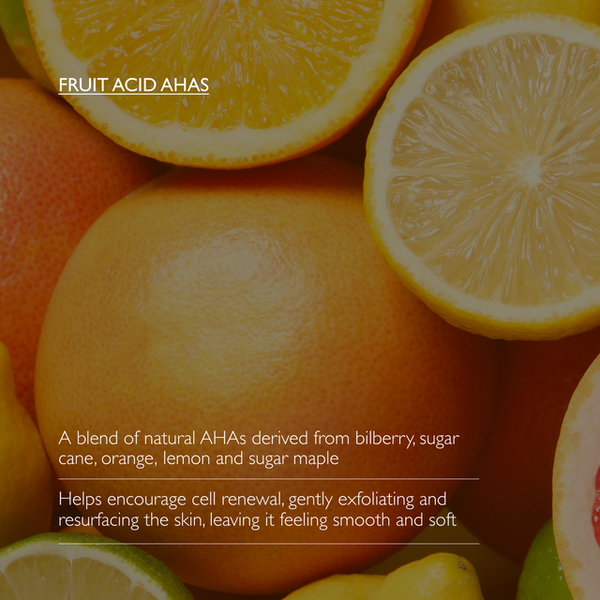 A close-up of sliced oranges, lemons, and lime with overlaid text reading 'FRUIT ACID AHAS' and descriptive copy about natural AHAS from bilberry, sugar cane, orange, lemon, and sugar maple.