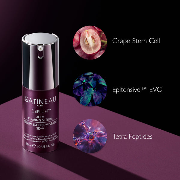 Gatineau Defi Lift 3D-V priming serum in a dark purple bottle with a silver pump, shown next to three circular ingredient callouts labeled Grape Stem Cell, Epitensive EVO, and Tetra Peptides on a dark purple and black background.