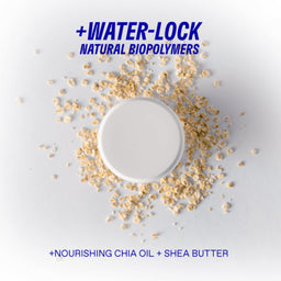 Container of chia oil surrounded by chia seeds on a light gray background with 'Water-Lock' text.