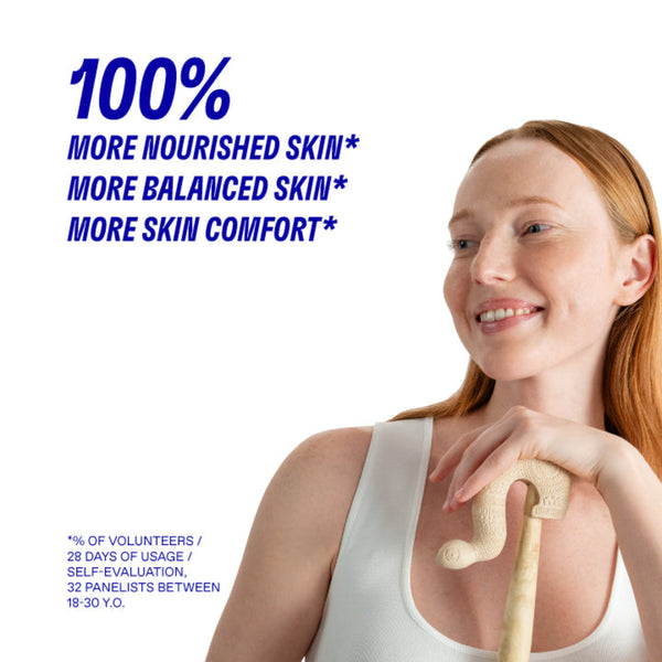 Woman holding a wooden walking stick with text about skin health on a white background