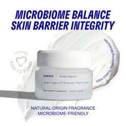 Korres Greek Yoghurt Smart Yoghurt Probiotic Intense Cream with text highlighting microbiome balance and skin barrier integrity.