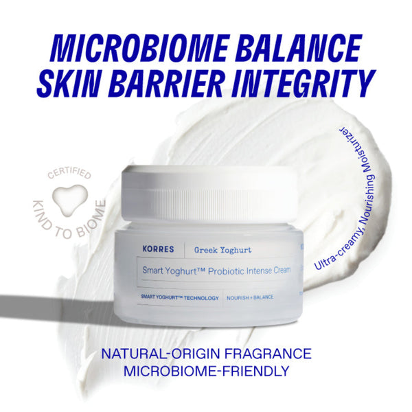 Korres Greek Yoghurt Smart Yoghurt Probiotic Intense Cream with text highlighting microbiome balance and skin barrier integrity.