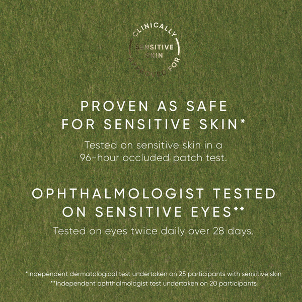 Text on a green background about product safety for sensitive skin and eyes.