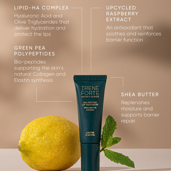 Lip balm with lemon and leaf on a beige background, featuring product details.