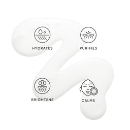 White U-shaped product with icons and text indicating hydration, purification, brightening, and calming benefits on a white background.