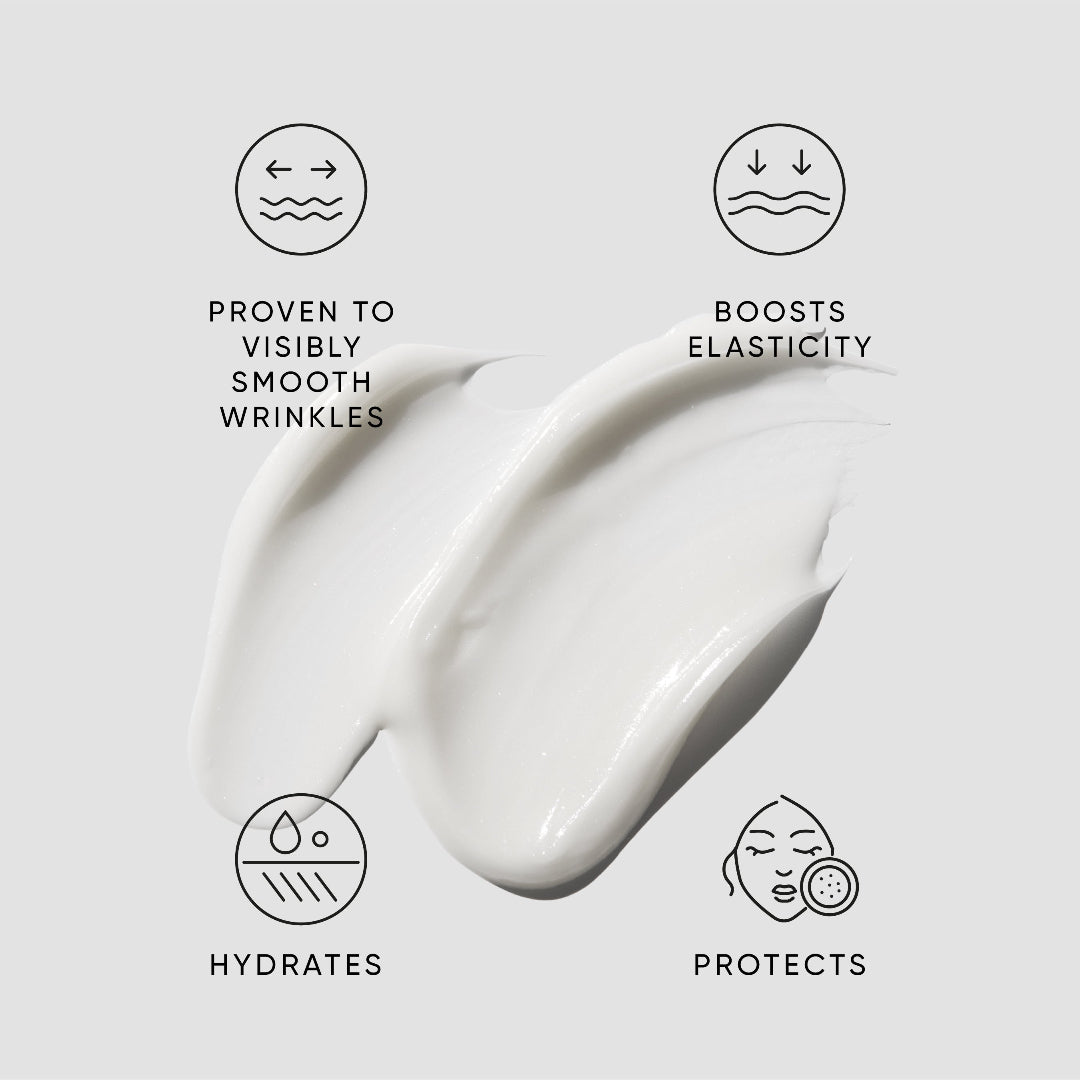 Skincare product with text indicating its benefits on a light gray background