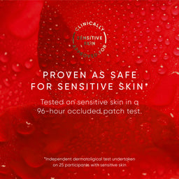 Red background with water droplets and text about proven safety for sensitive skin.