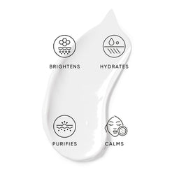 White skincare product with icons and text indicating its benefits on a white background