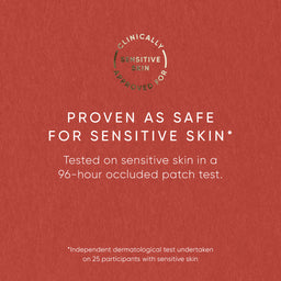 Red background with text about clinically sensitive skin approval and safety testing on a 96-hour occluded patch test.