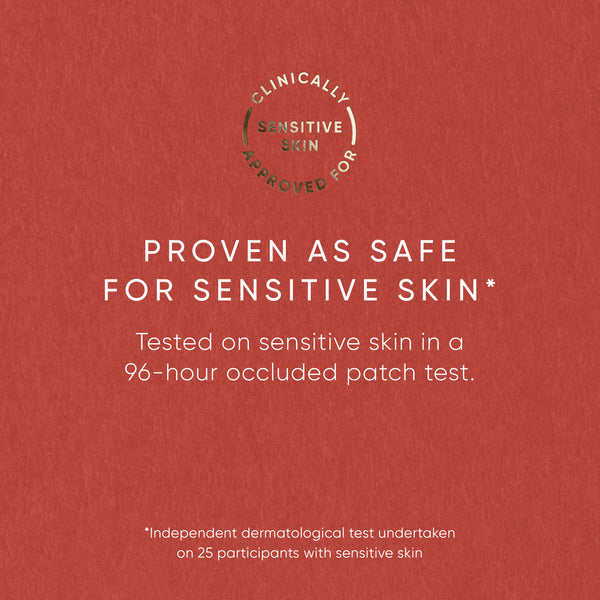 Red background with text about clinically sensitive skin approval and safety testing on a 96-hour occluded patch test.