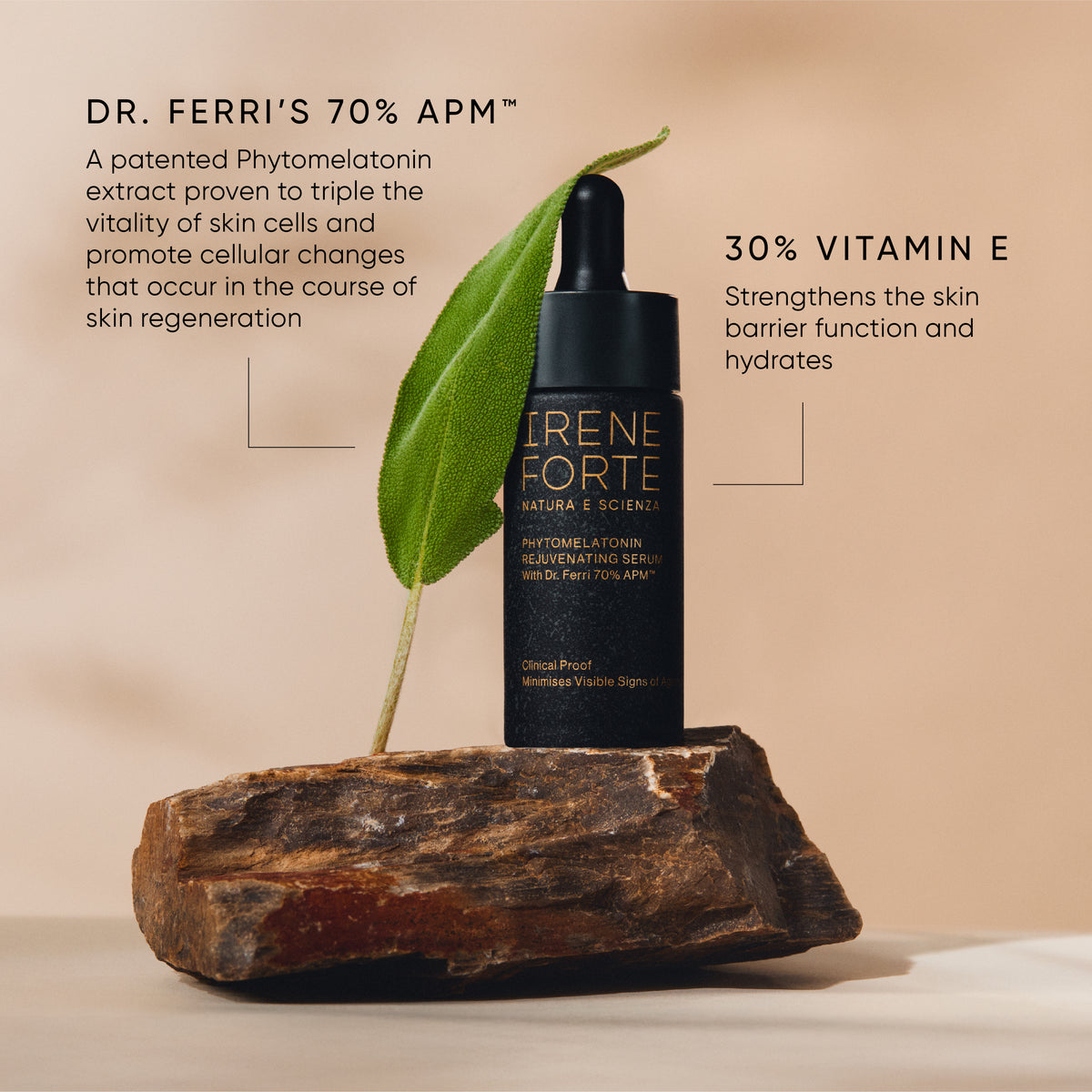 Irene Forte skincare serum bottle with green leaf on a wooden block against a beige background