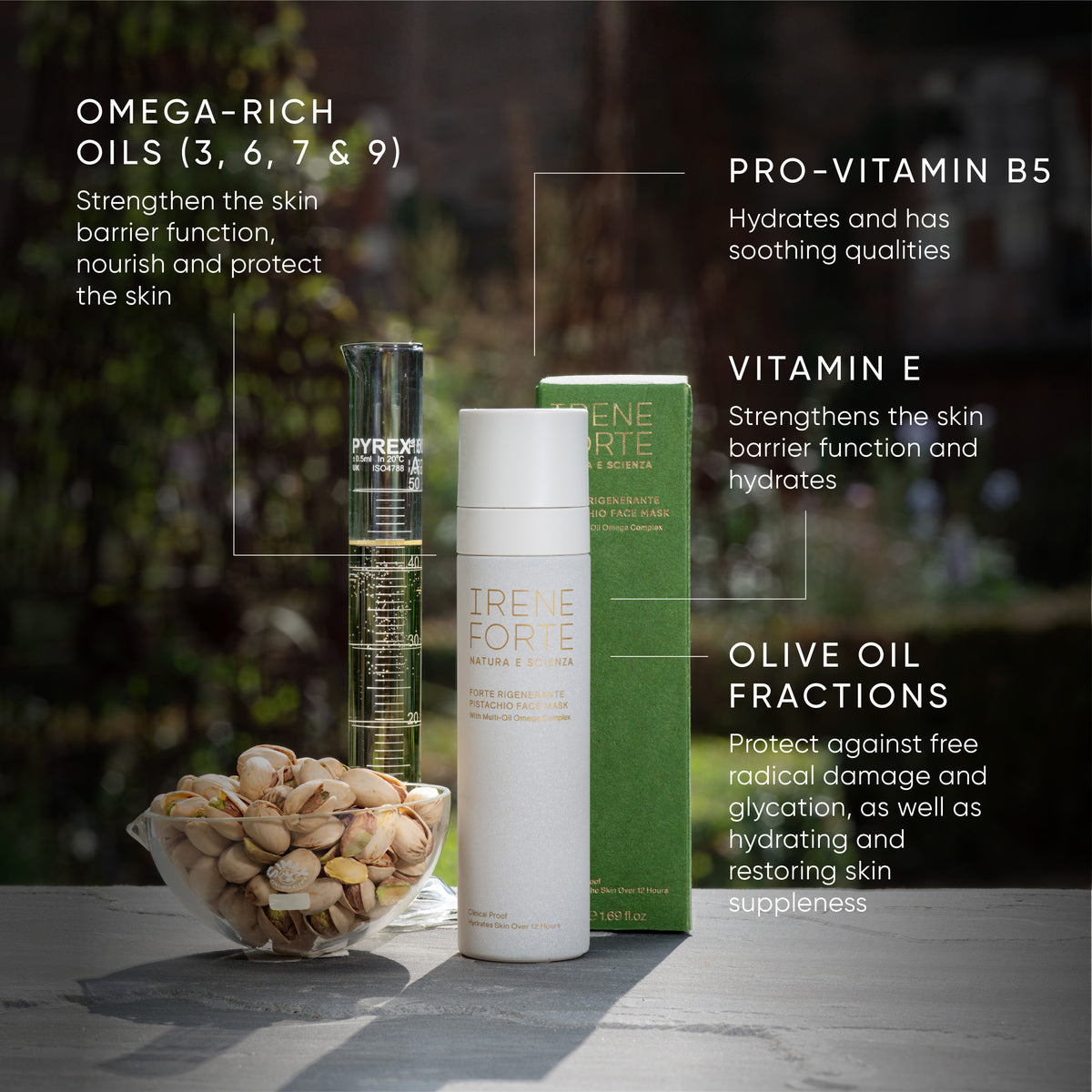 Skincare products with ingredients listed on a blurred natural background