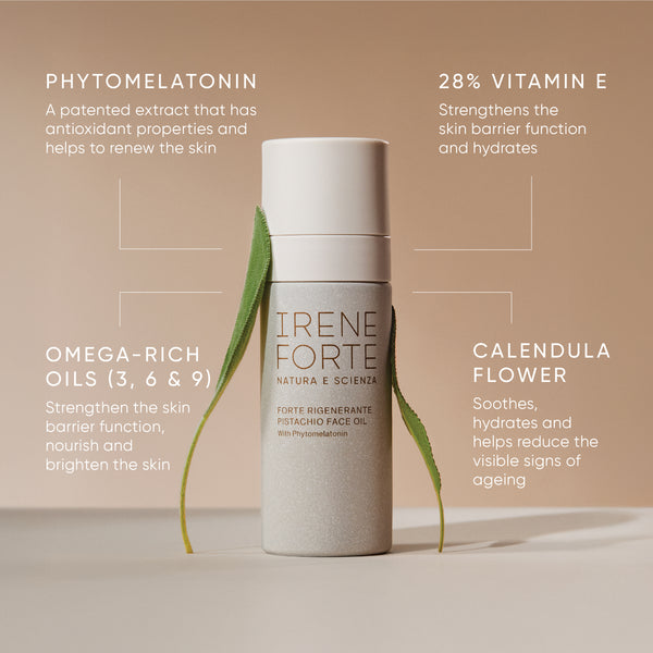 Irene Forte skincare product with ingredients listed on a beige background