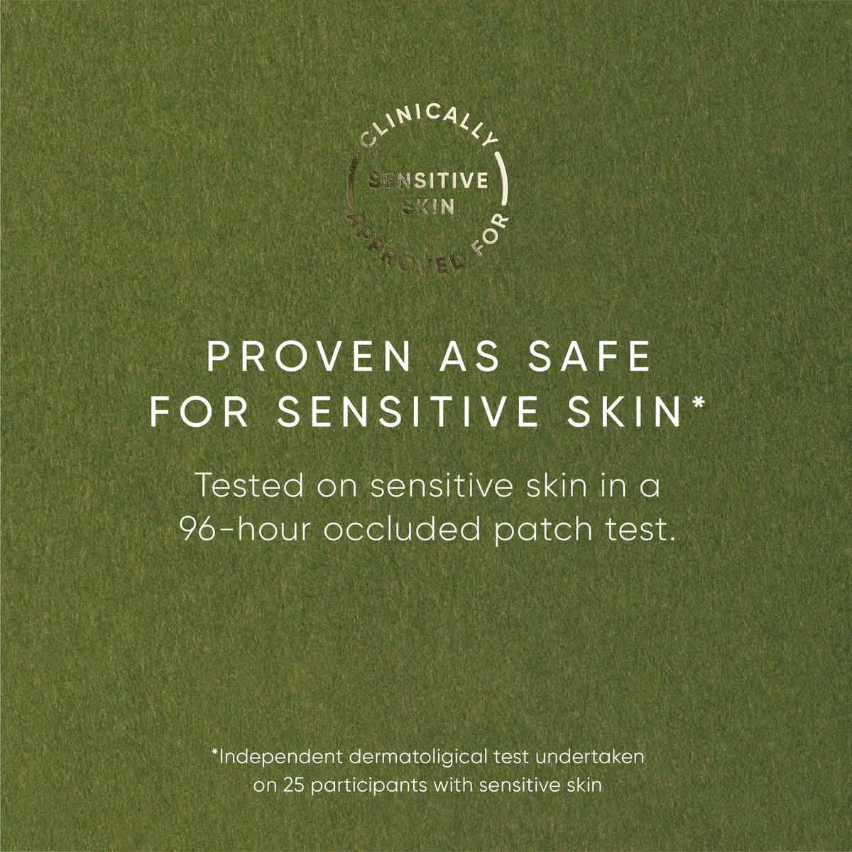 Green background with text about sensitive skin safety and clinical testing.