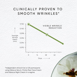 Graph showing visible wrinkle reduction over time with a close-up of a flower at the bottom.