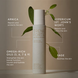 Irene Forte skincare product with botanical elements on a beige background