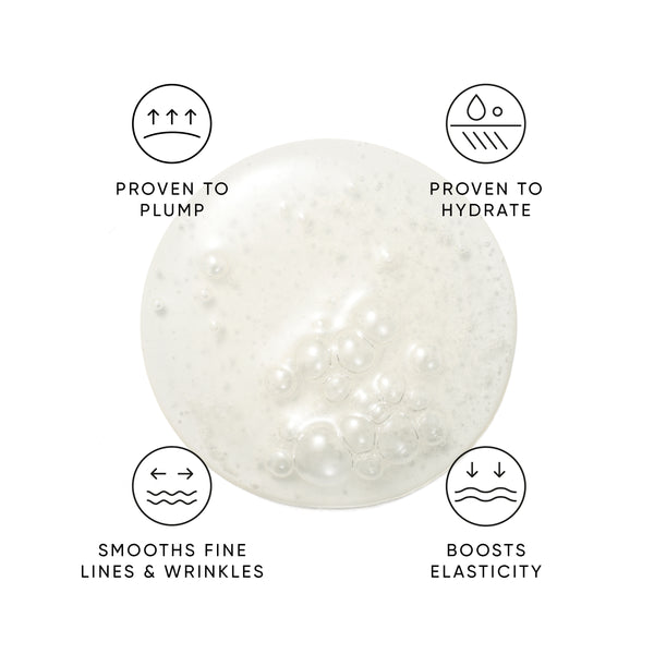 Cosmetic product with icons and text indicating its benefits on a white background