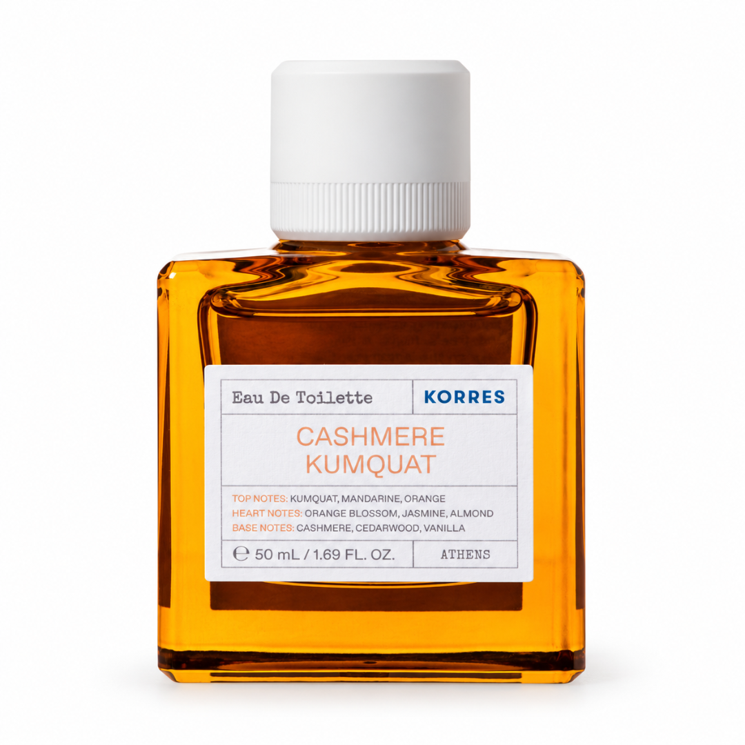 A 50 mL bottle of KORRES Cashmere Kumquat Eau De Toilette with amber-colored liquid, a white cap, and a white label, shown on a clean white background.