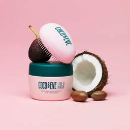 Coco & Eve Like A Virgin Super Nourishing Coconut & Fig Hair Masque surrounded by the ingredients