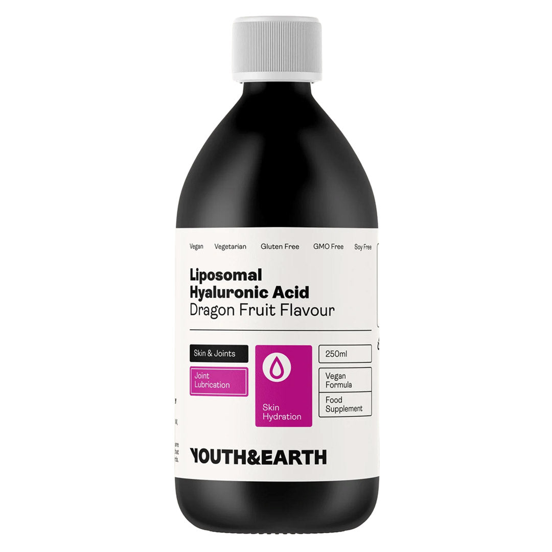 Bottle of Liposomal Hyaluronic Acid with Dragon Fruit Flavour by Youth & Earth on a white background
