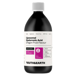 Bottle of Liposomal Hyaluronic Acid with Dragon Fruit Flavour by Youth & Earth on a white background